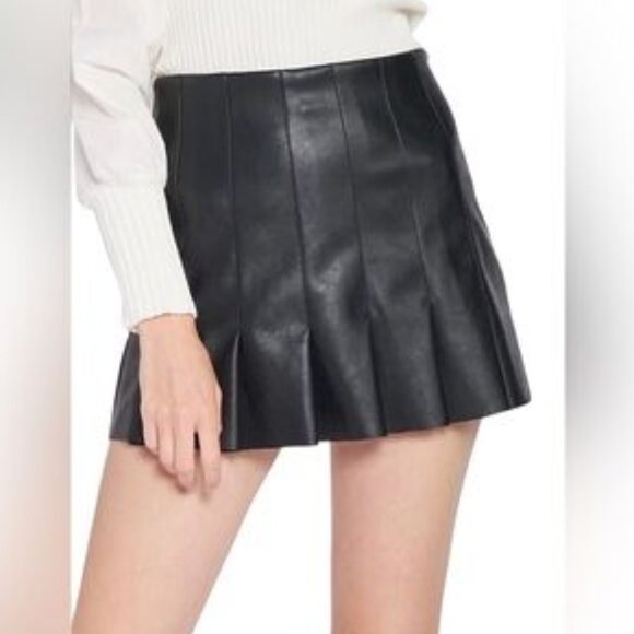 En Saison Black Vegan Leather Pleated Mini Skirt Medium Tennis skirt - Picture 1 of 11
